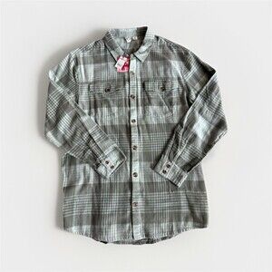 ROXY Let It Go Flannel Plaid Button-Up Shirt Green/Gray Long Sleeve Pockets XL